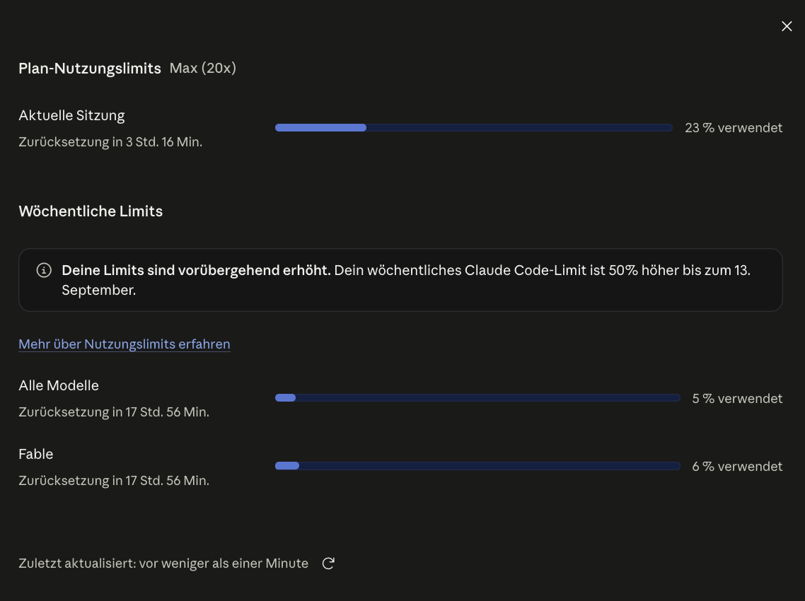 Claude plan usage limits Max (20x): weekly limits at 5% and 6% used, with a note that limits are temporarily 50% higher until September 13