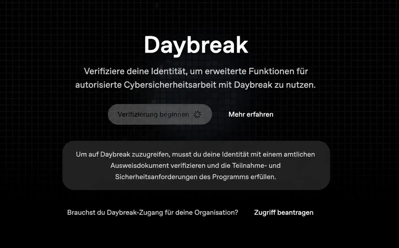 Daybreak page while identity and access are being reviewed