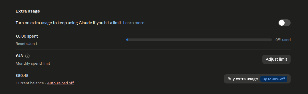 Anthropic account setting: 'Turn on extra usage to keep using Claude if you hit a limit' toggle with monthly limit
